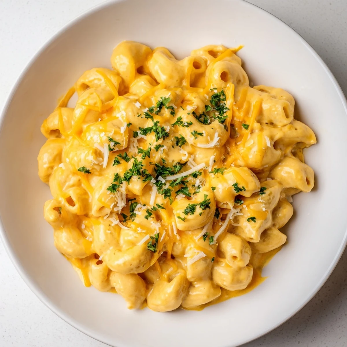 A steaming bowl of one-pot butternut squash mac & cheese, richly golden and cheesy.