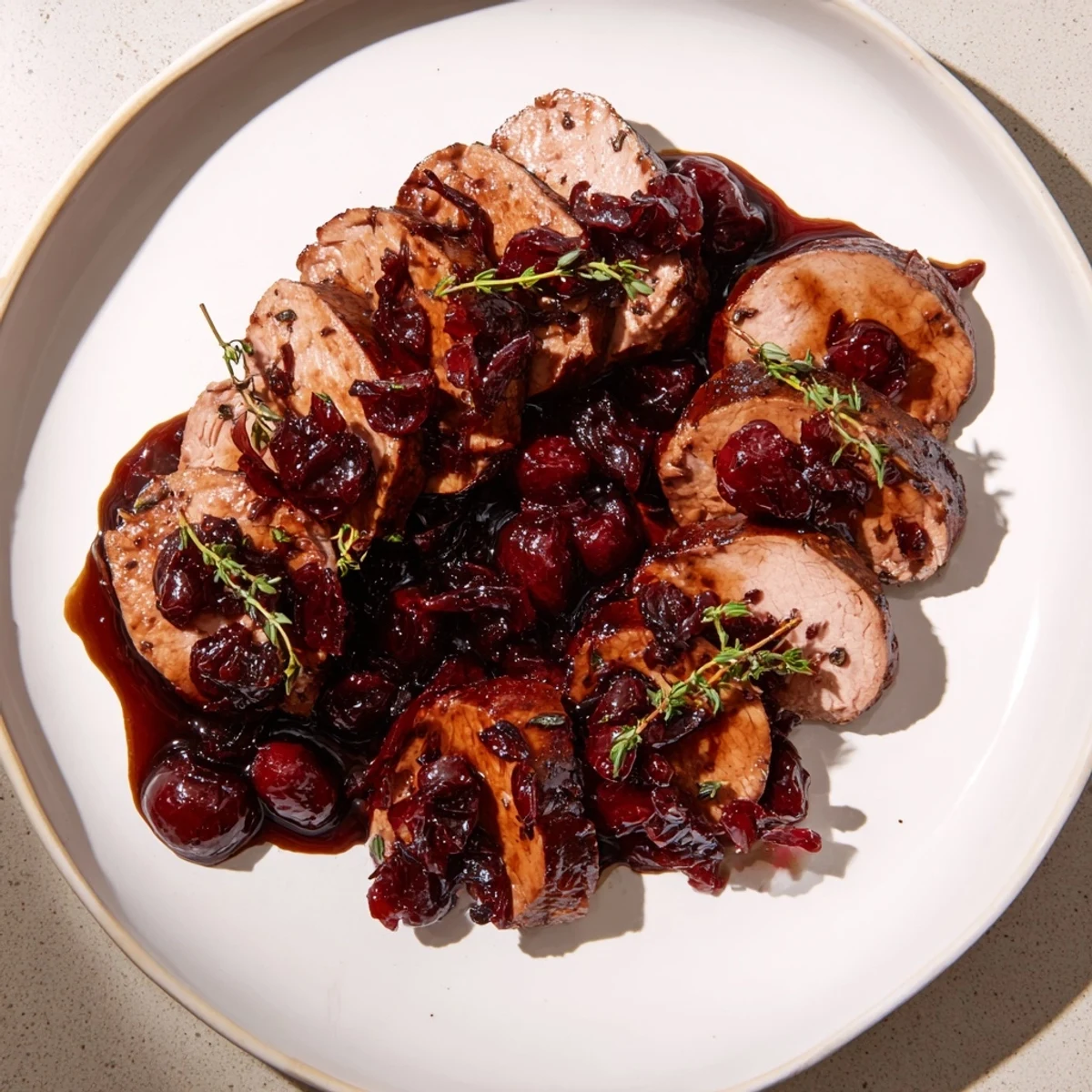 Cherry-Date Glazed Pork Tenderloin glistening with a sweet and tangy glaze, ready to serve with thyme sprigs.