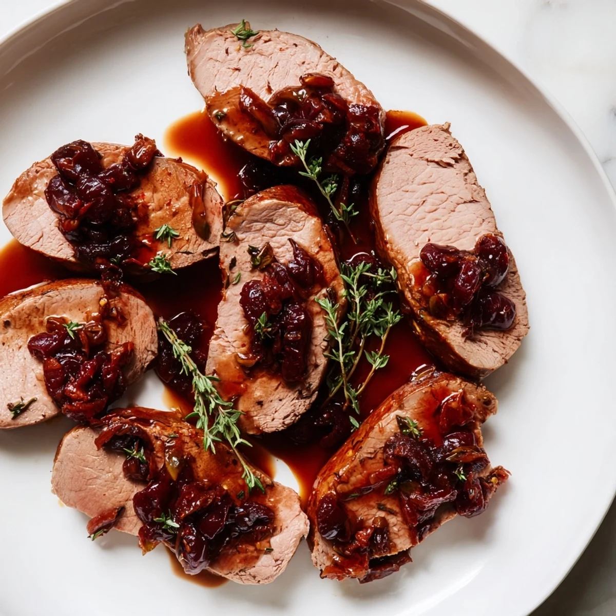 Juicy slices of Cherry-Date Glazed Pork Tenderloin, offering a delightful combination of sweet and savory flavors for a meal.