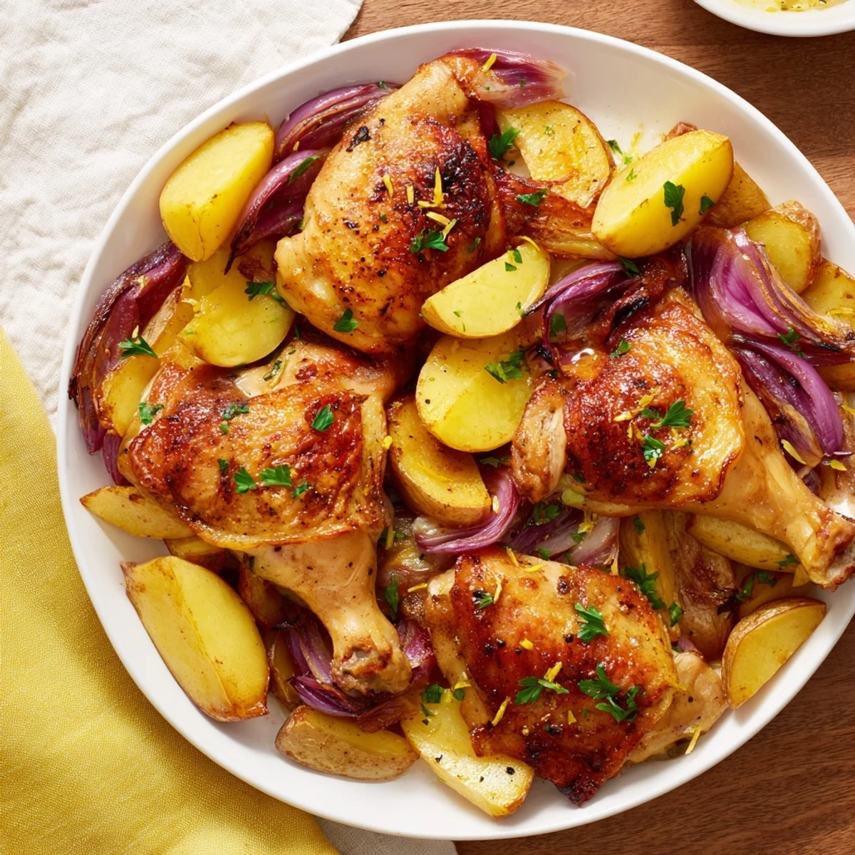 This delicious sheet pan dinner showcases beautiful Greek Lemon Chicken and Potatoes alongside roasted onions and herbs.