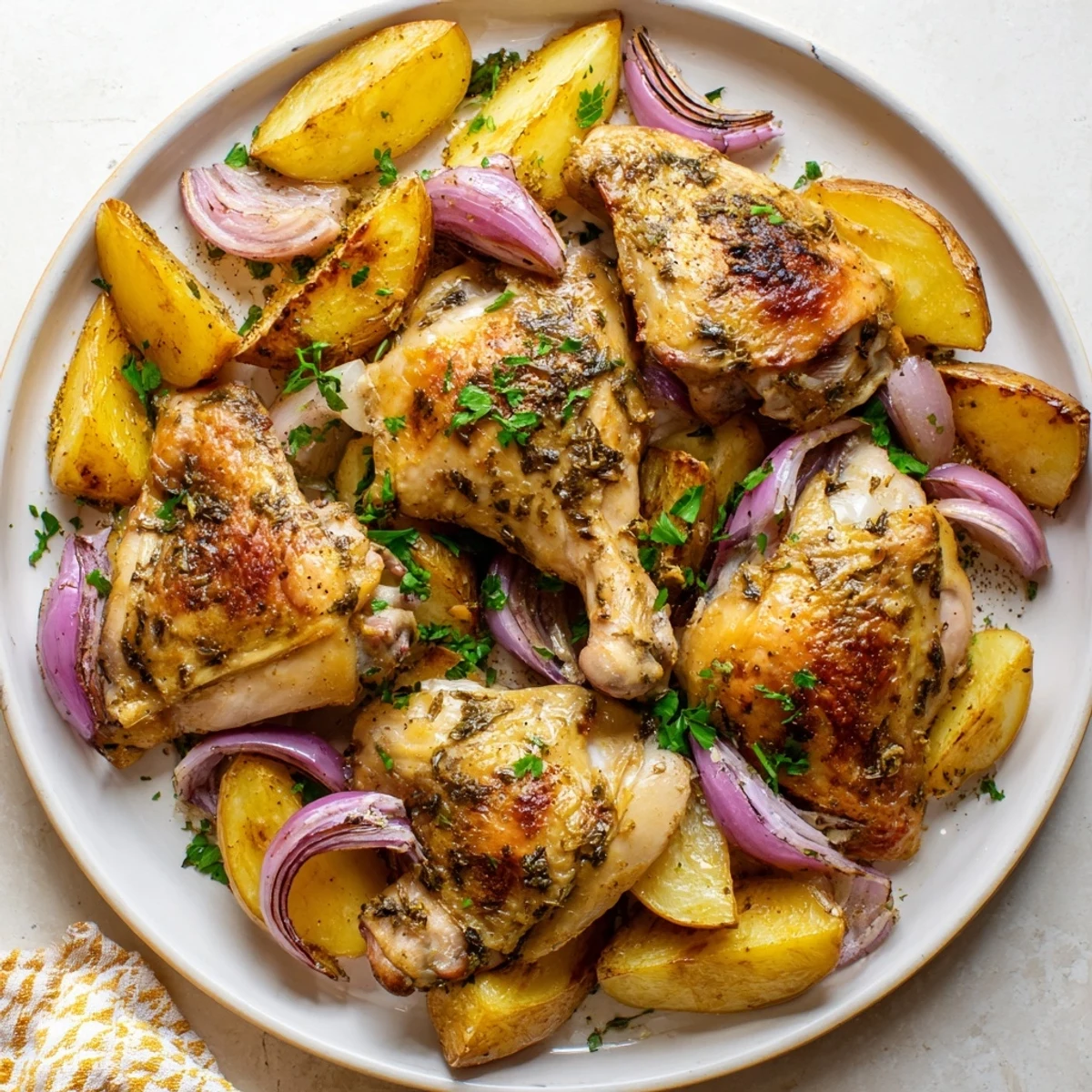 A close-up of a flavorful Greek Lemon Chicken and Potatoes dish, glistening with a vibrant lemon-herb marinade.