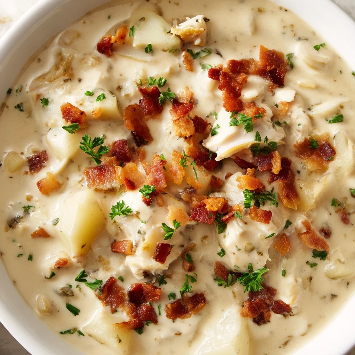 A steaming bowl of Authentic New England Clam Chowder, thick with potatoes and tender clams.