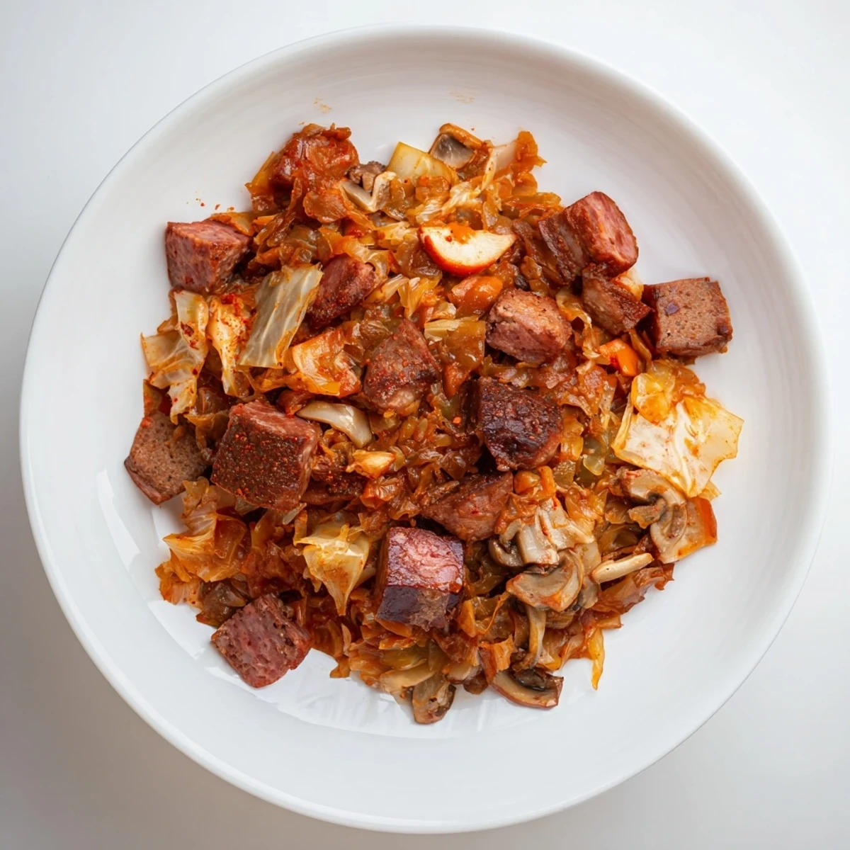 Steaming bowl of spicy Sriracha Bigos, a hearty Polish stew, is brimming with savory meats and rich flavors.