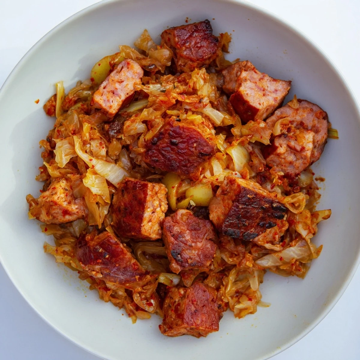 Imagine a close-up of Sriracha Bigos; you can smell the smoky kielbasa, tender pork, and vibrant chili.