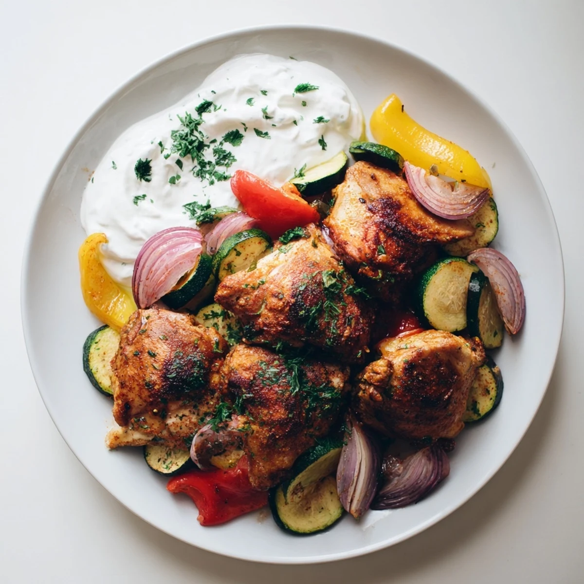 Golden-brown Sheet Pan Chicken Shawarma, loaded with roasted vegetables, waiting to be served.