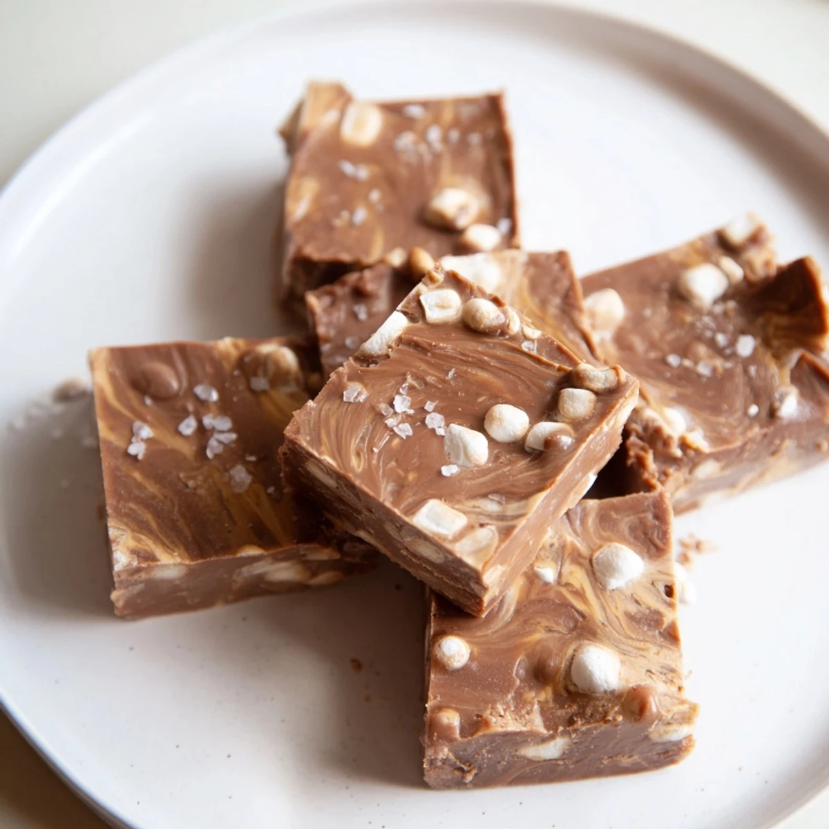 Smooth and decadent, this easy 5-Minute Marshmallow Fudge is being cut into squares, showcasing its creamy interior.