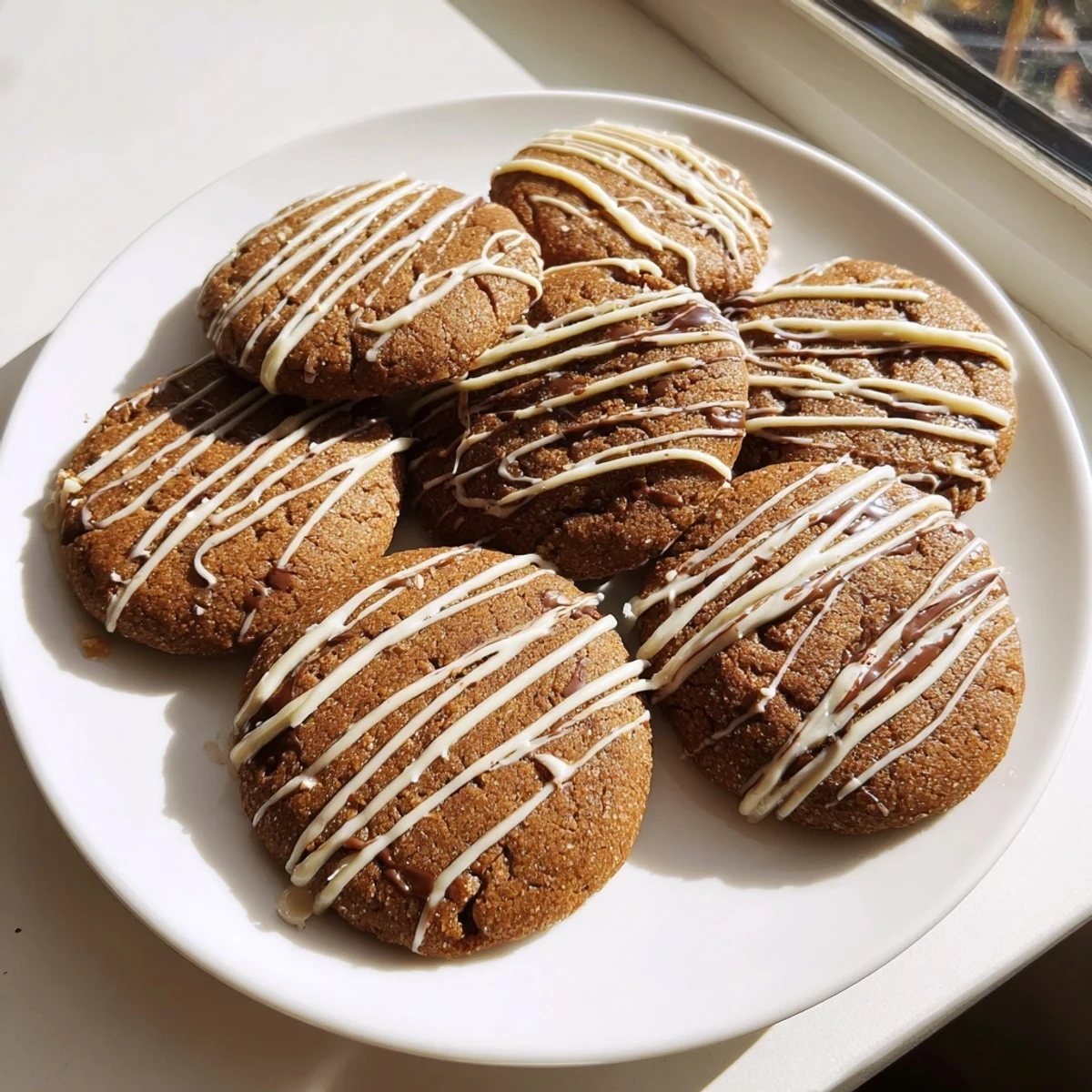 Freshly baked gingerbread latte cookies, with visible espresso flecks and glistening white chocolate topping.