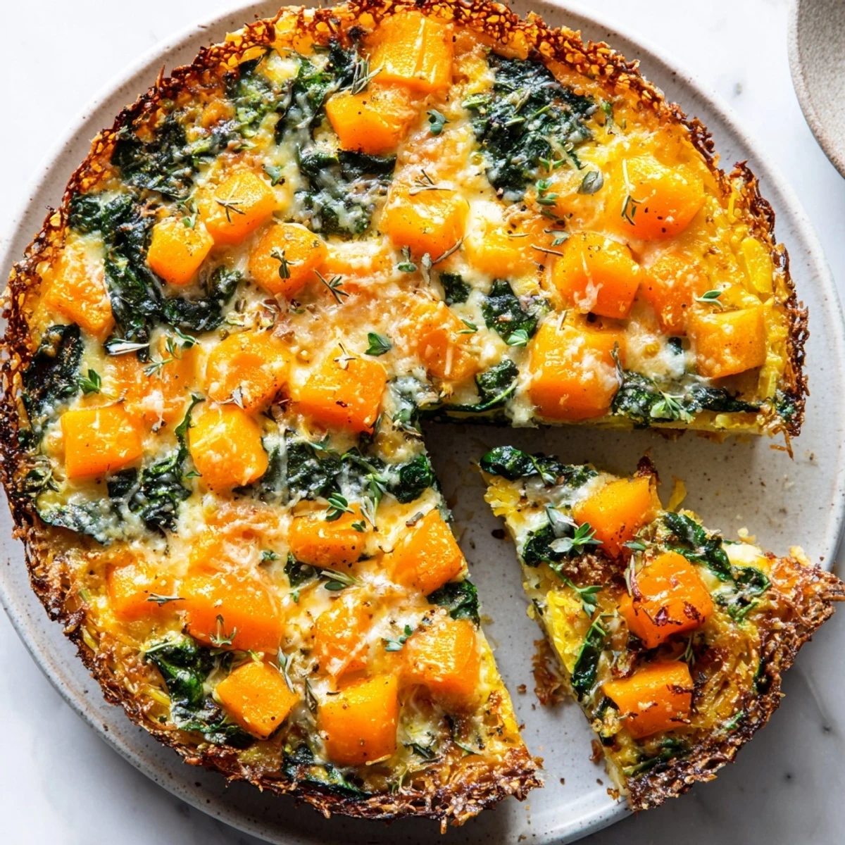 Golden brown Potato Crust Quiche with roasted butternut squash, sage and melty Gruyère cheese.