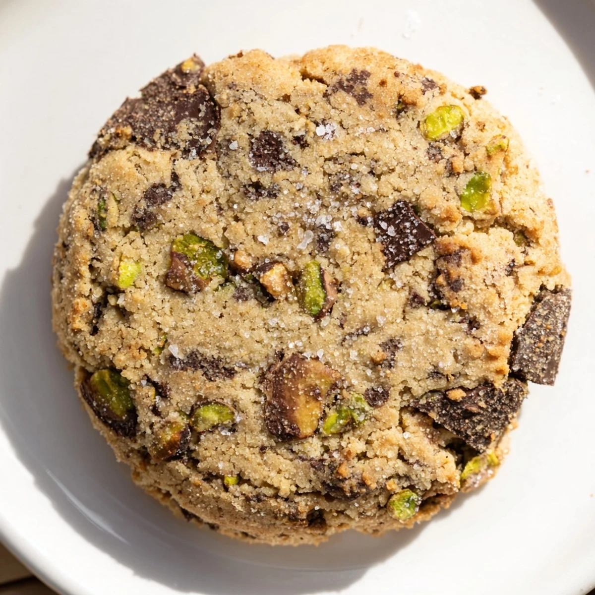 Golden, crisp Salted Pistachio Chocolate Chunk Shortbread, showing a close-up of buttery, crumbly texture with sea salt.