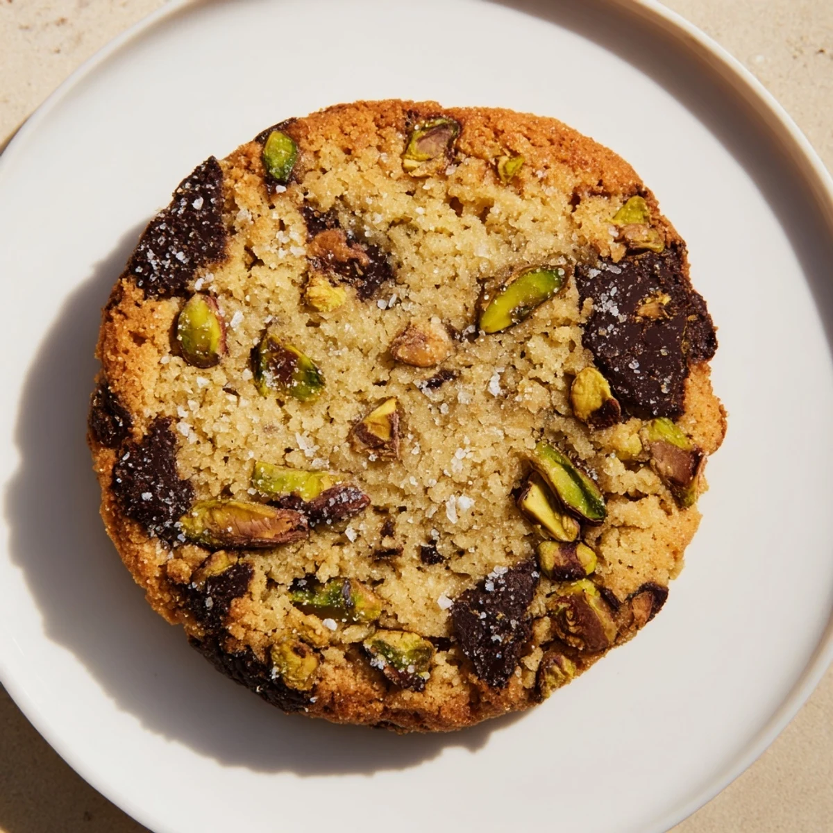 Warm, inviting shot of freshly baked Salted Pistachio Chocolate Chunk Shortbread, perfect for a sweet treat.