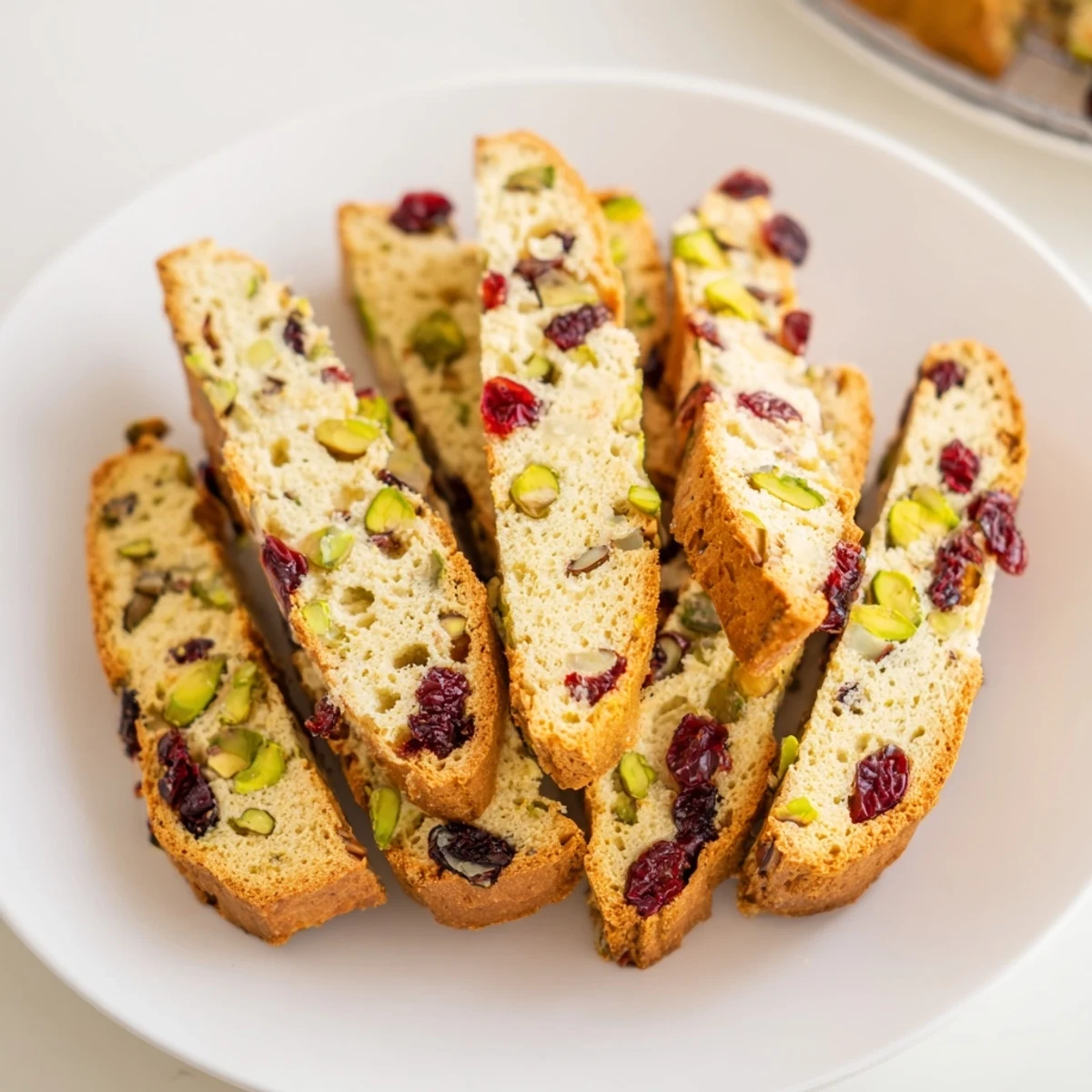 Golden, crisp White Chocolate Cranberry Pistachio Biscotti presented on a wire rack, ready for dunking.