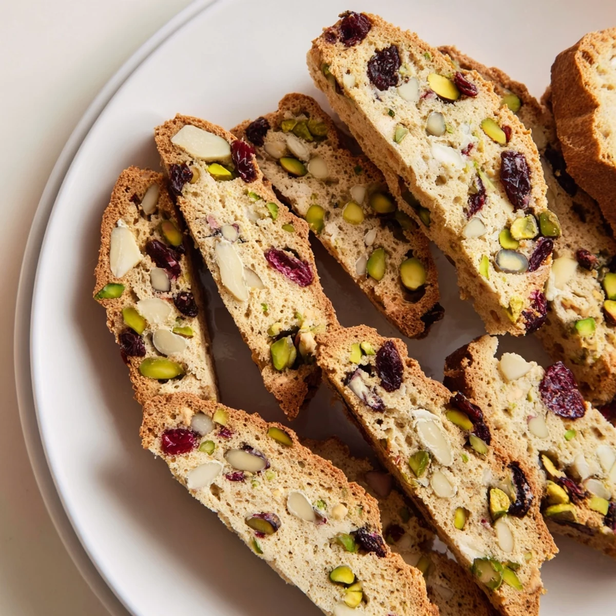 Close-up of baked White Chocolate Cranberry Pistachio Biscotti showing the textures of nuts, cranberries, and chocolate.