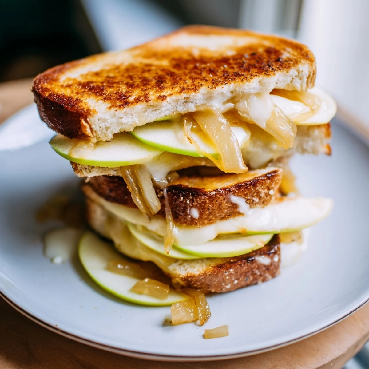 Golden, melty Caramelized Onion, Apple & Cheddar Grilled Cheese with crisp apple slices visible.