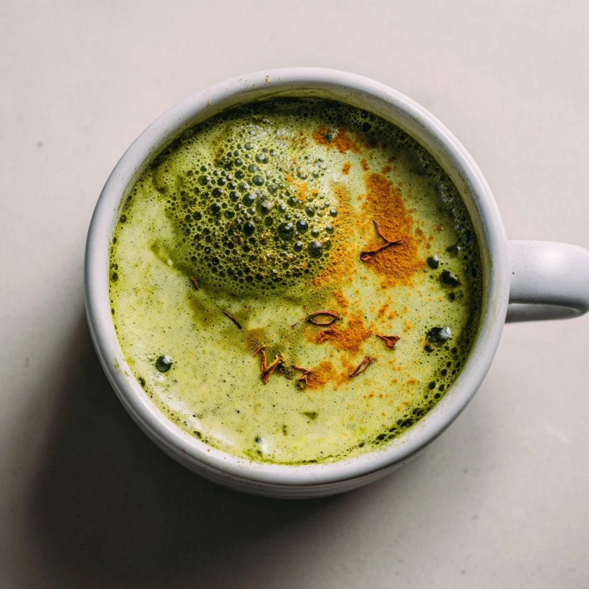 Close-up of a frothy, warm Coconut Ginger Matcha Winter Immunity Latte, perfect for a cold day.