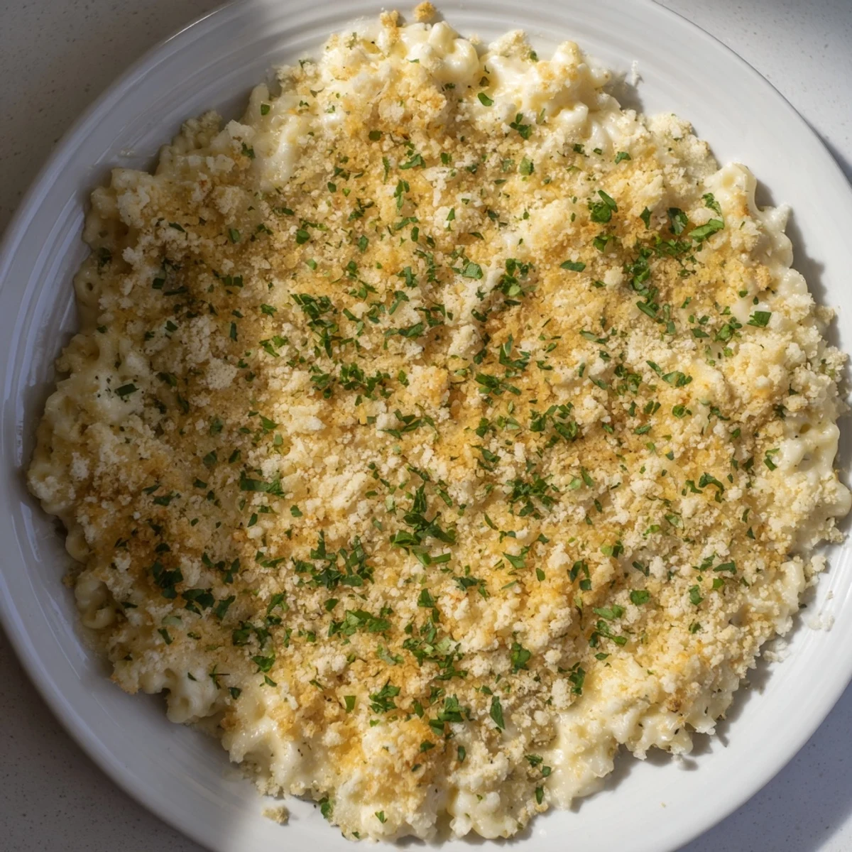 Creamy, comforting Lightened Mac & Cheese Snowflake Pasta Bake, ready to serve with a sprinkle of fresh parsley.