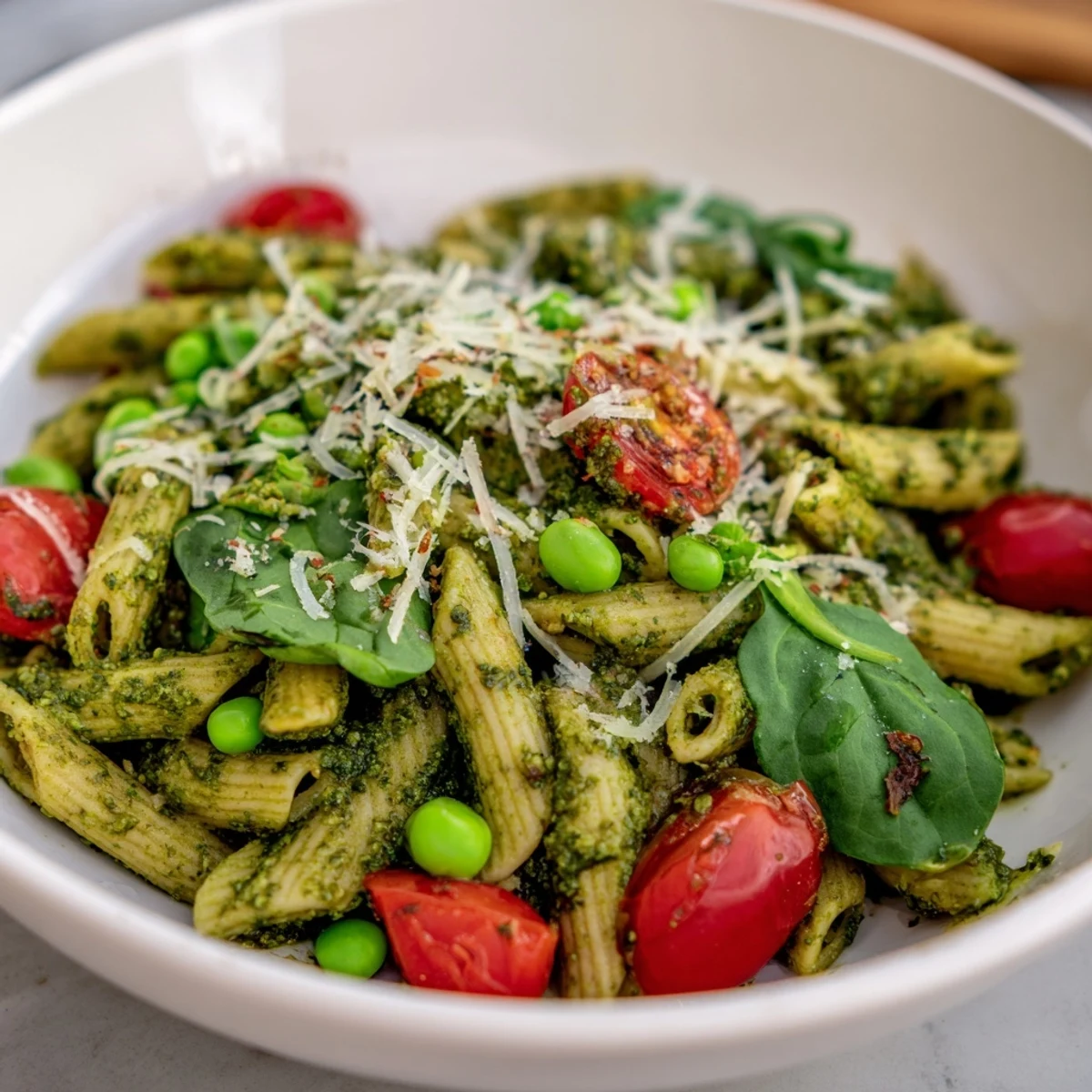 One-Pot Creamy Pesto Pea Protein Pasta: A steaming bowl with vibrant green pesto sauce and fresh tomatoes.