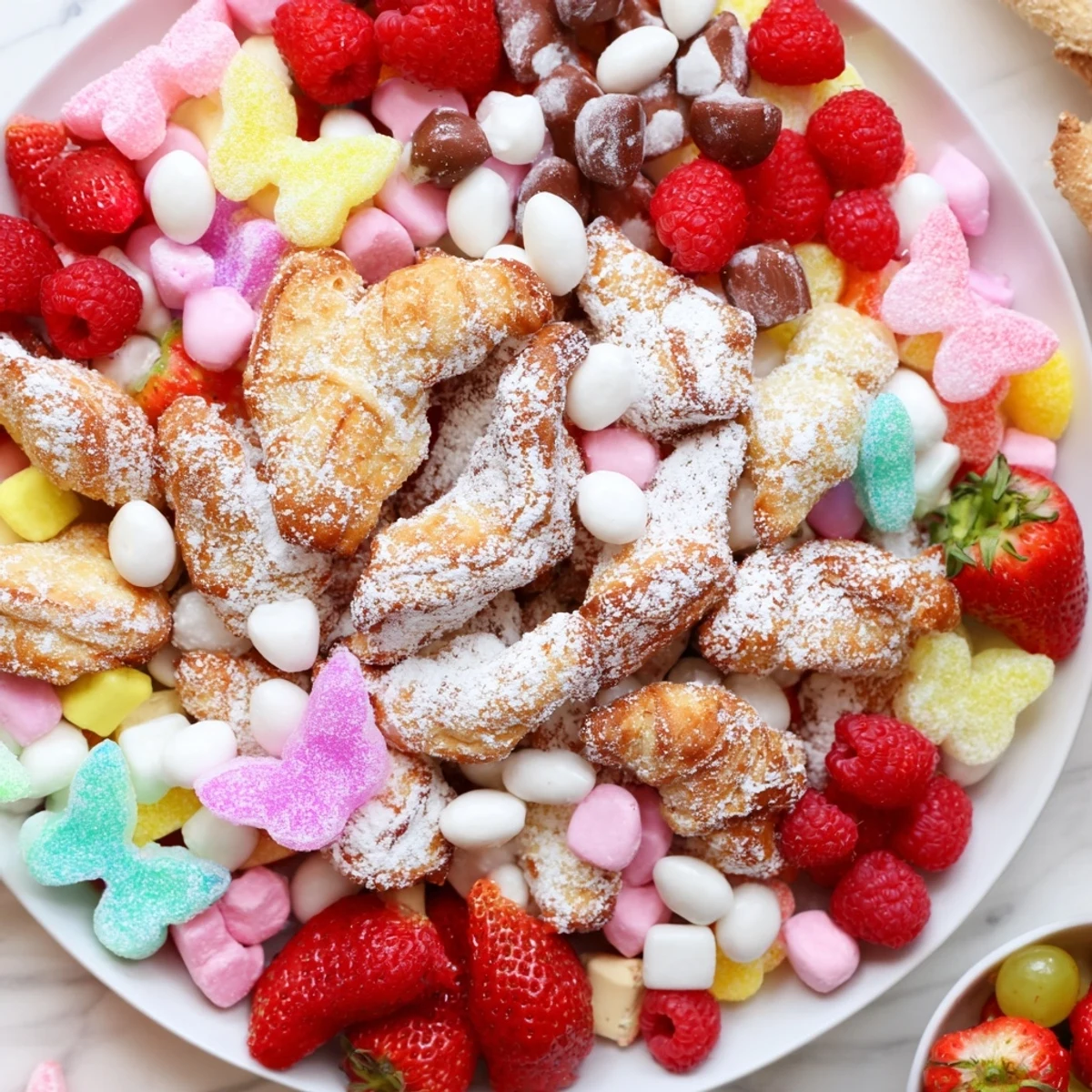 Golden-fried angel wings candy board, surrounded by colorful sweets, fresh fruit, and sweet dips.