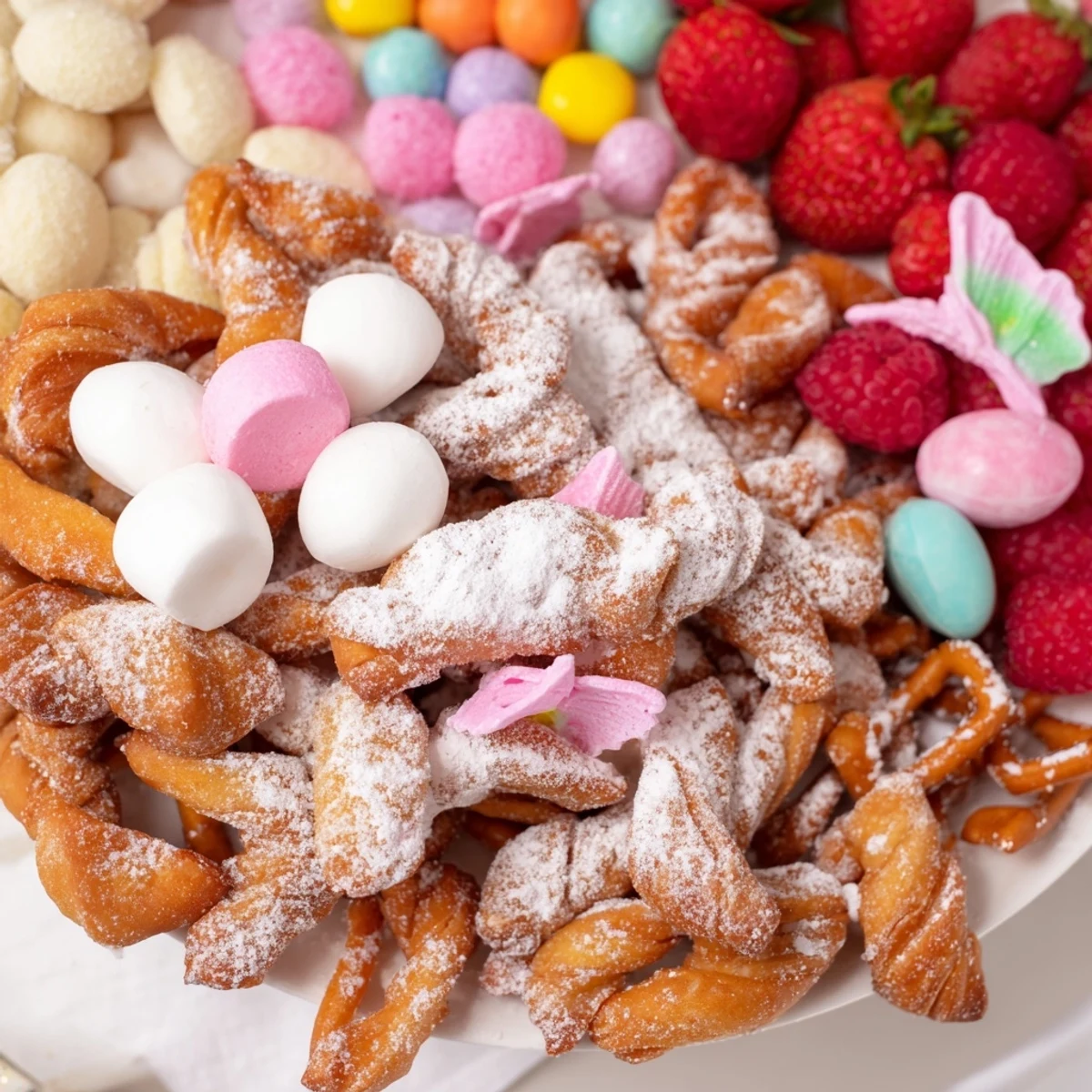 A visually stunning dessert board showcasing crispy Polish angel wings with vibrant candies and fresh berries.