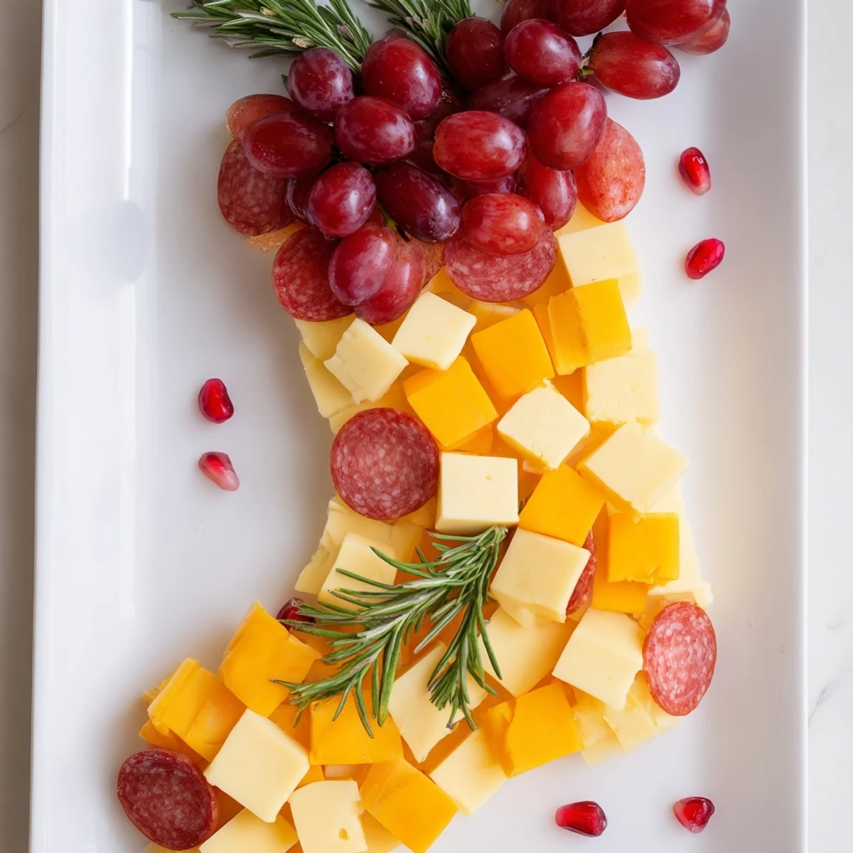Christmas Stocking Snack Tray with colorful tomatoes, grapes, and cheese, an easy holiday appetizer.