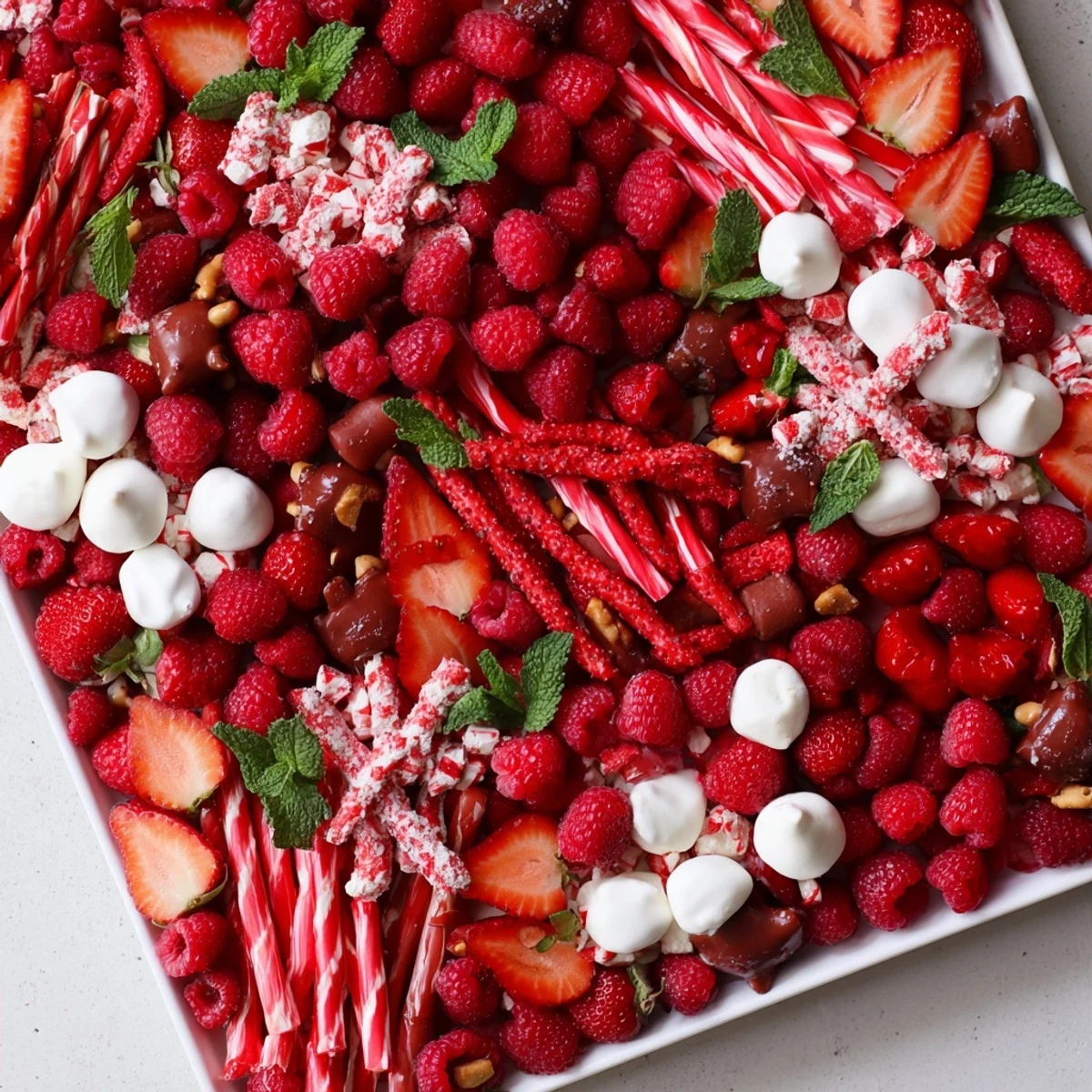 Festive candy cane striped platter showcasing vibrant red and white treats for holiday sharing occasions.