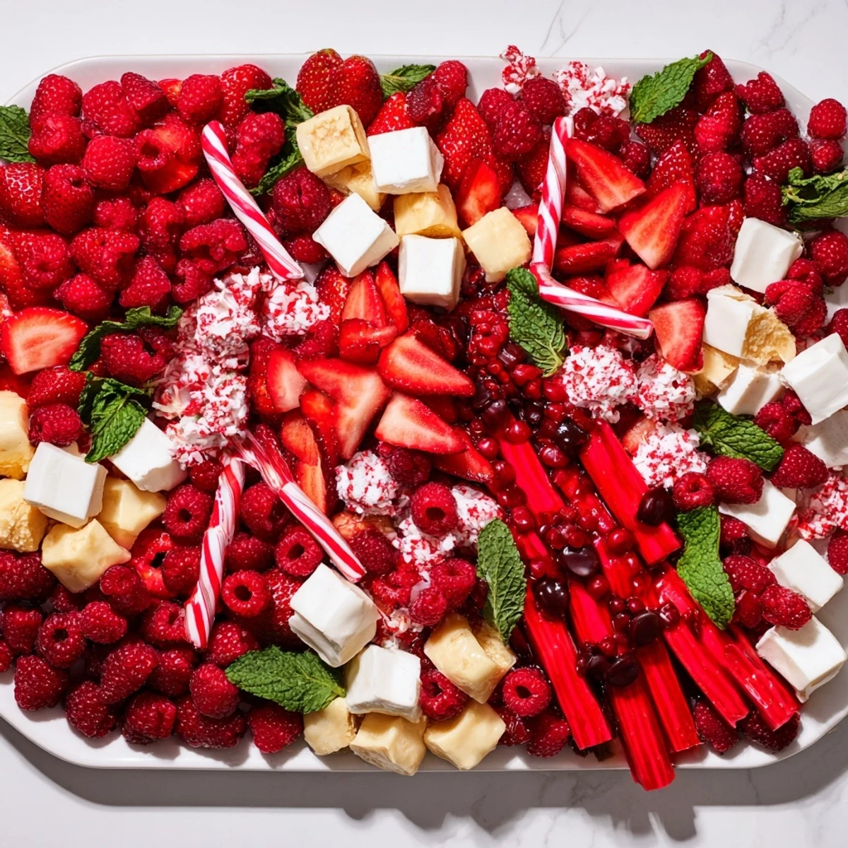 Holiday candy cane striped platter presentation: red strawberries and white chocolate pretzels create festive stripes.