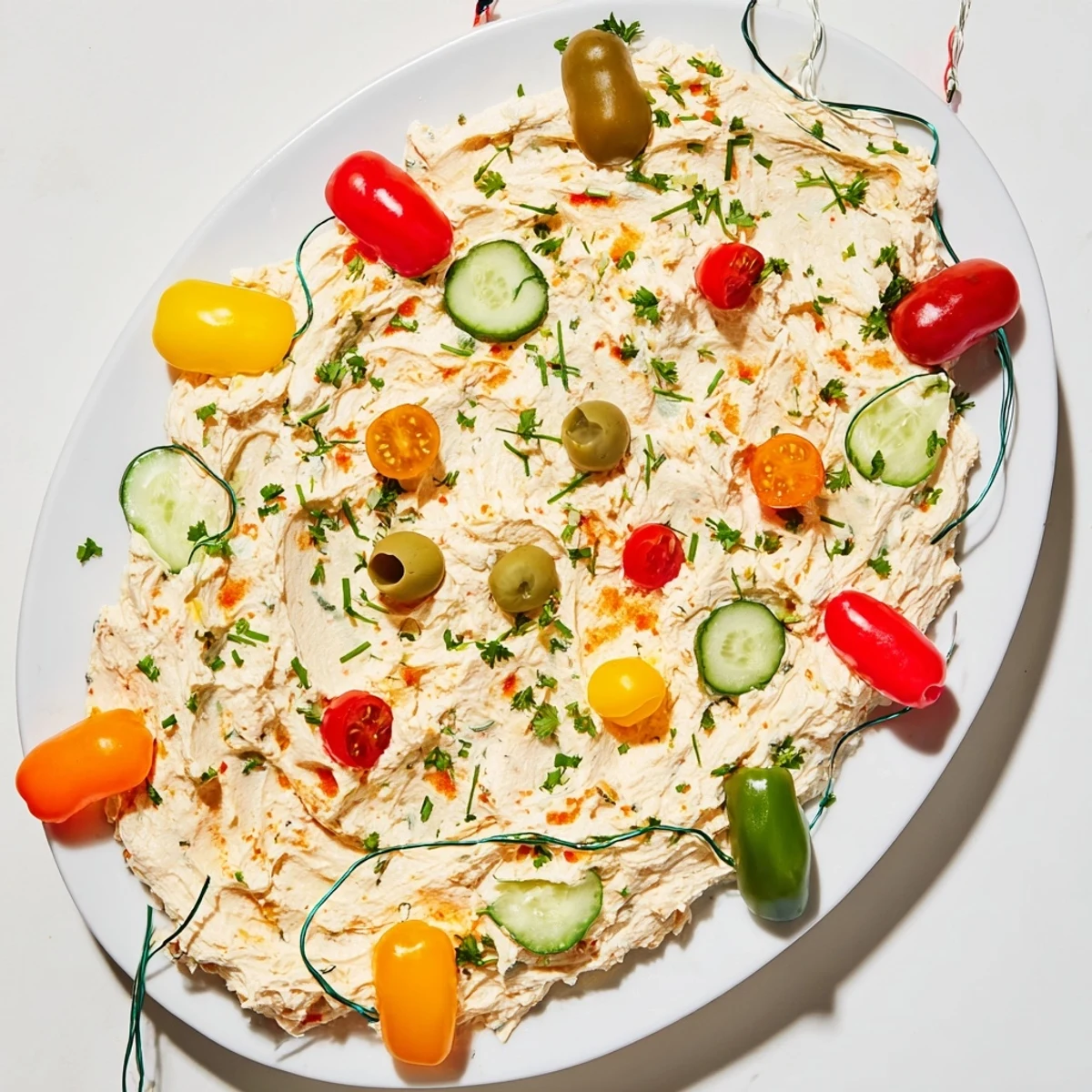 Creamy Christmas Lights Appetizer Spread decorated with colorful bell pepper "lights" and fresh herbs.