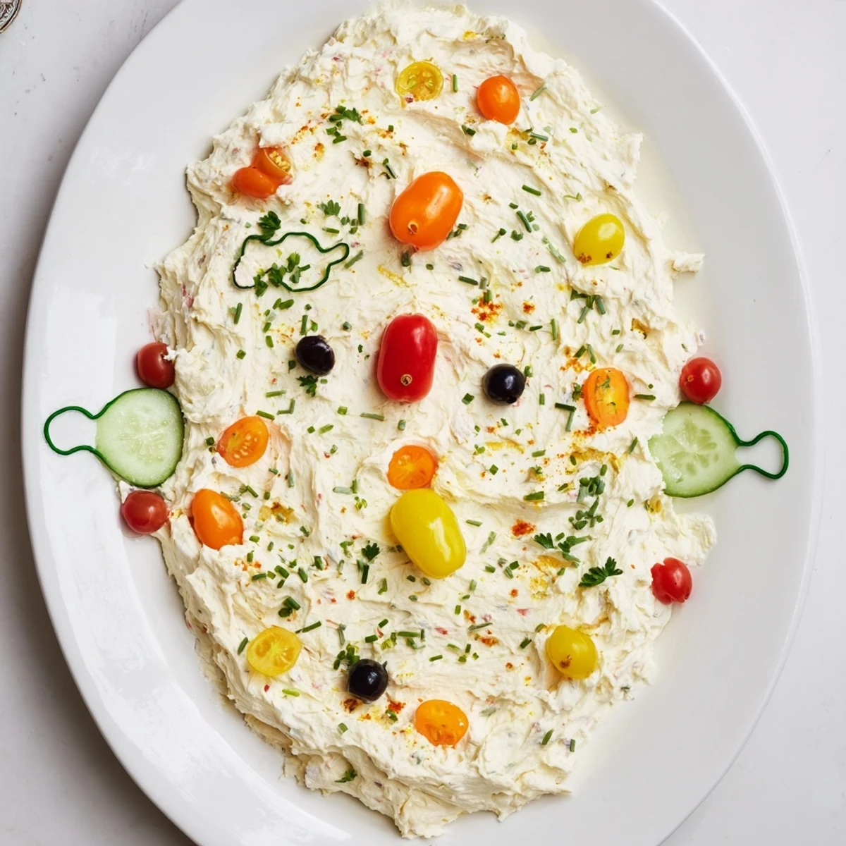 Savory and cheesy Christmas Lights Appetizer platter, artfully arranged with vibrant vegetable "bulbs."