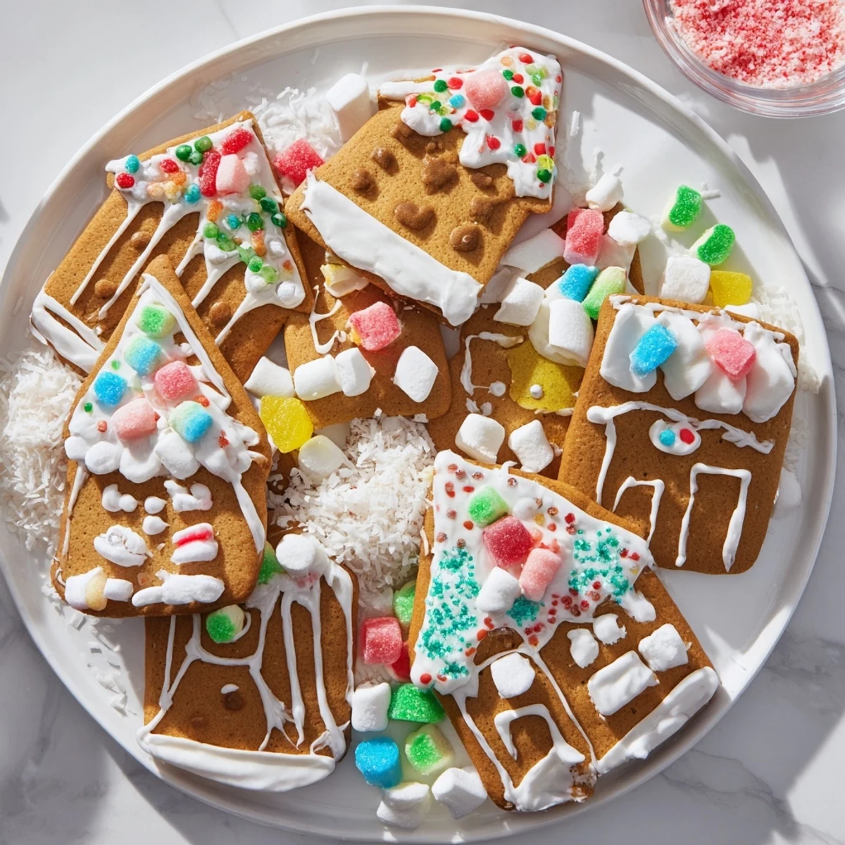 A beautifully arranged Gingerbread House Board, complete with colorful candies and inviting gingerbread cookies.