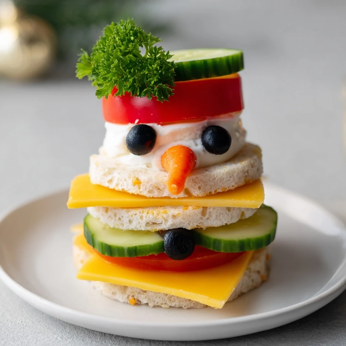 Festive Snowman Sandwich Stack, a delightful vegetarian lunch creation, ready for winter fun and flavors.