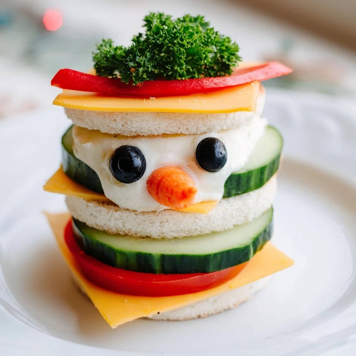 Adorable Snowman Sandwich Stack, built with creamy fillings and olive eyes, offering a fun, delicious bite.