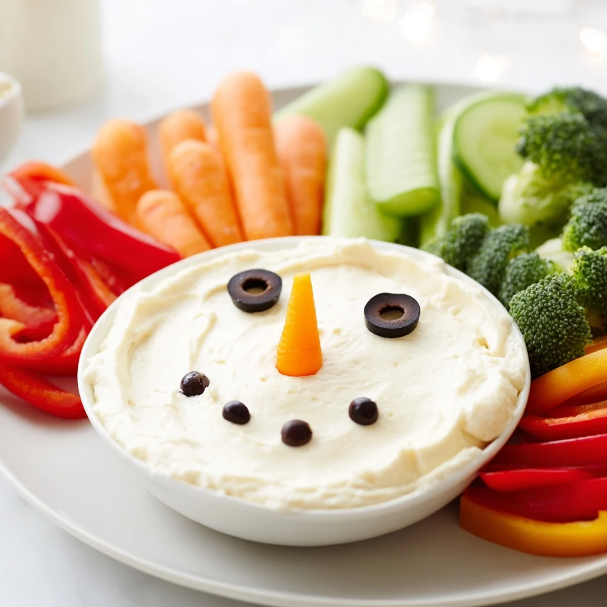 Creamy snowman veggie dip platter features vibrant vegetables around a festive snowman shape.
