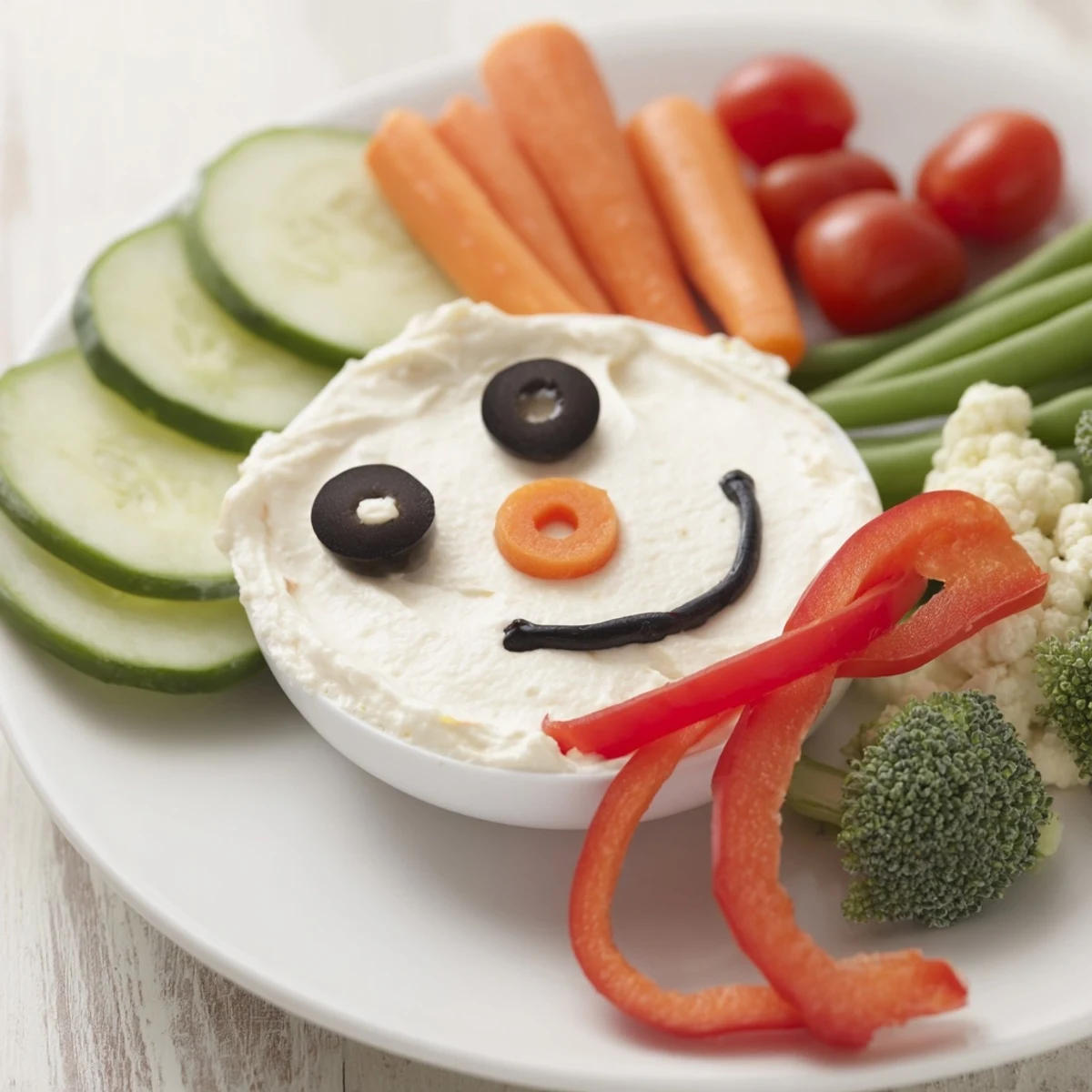 This snowman veggie dip platter arrives festively with a colorful arrangement of fresh, crispy raw veggies.