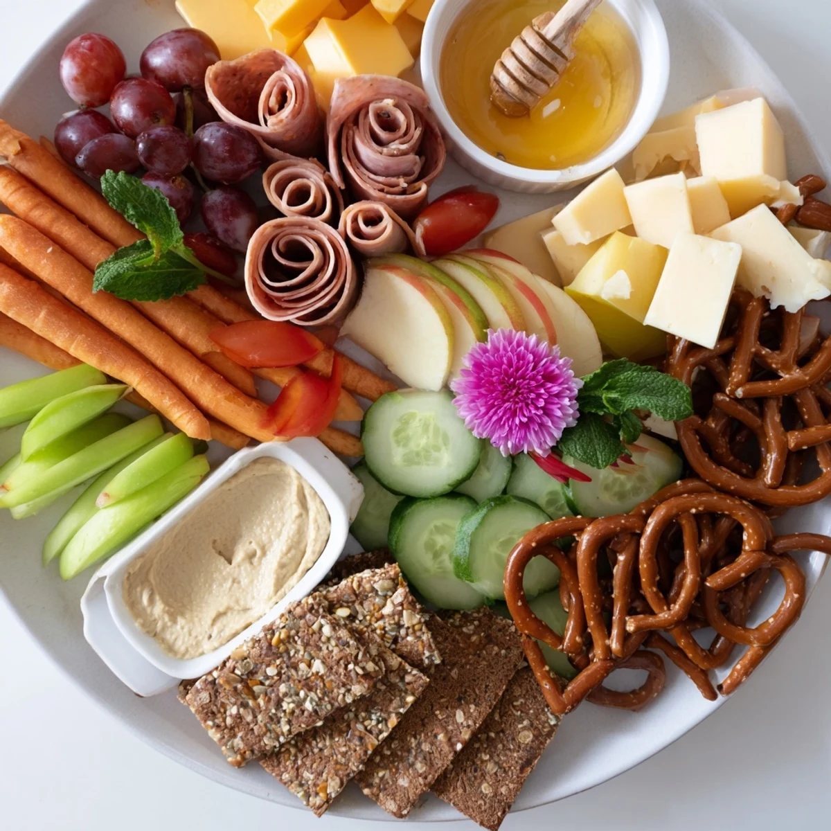 This Gallop & Graze Horse Charcuterie features artfully arranged cheeses, snacks, and fresh produce for guests.