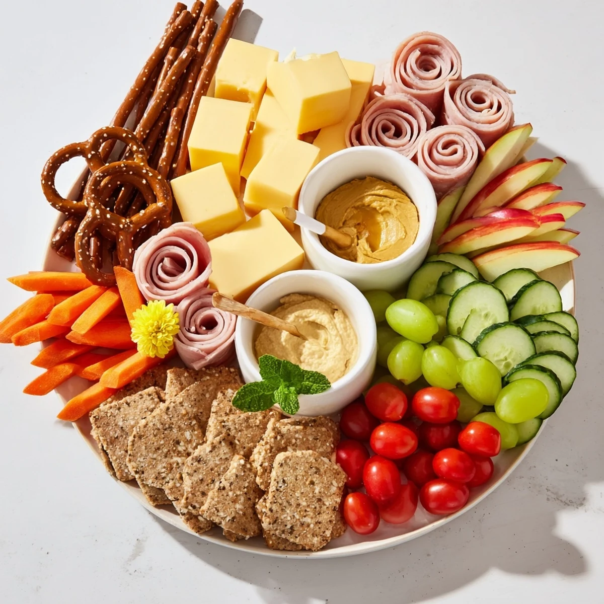 Gallop & Graze Horse Charcuterie board: A colorful spread with cheese, meats, and pretzel horse jumps.