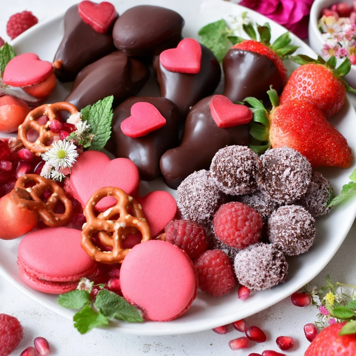 Sweetheart Valentine's Day Board overflowing with chocolate-covered strawberries and colorful Valentine treats.