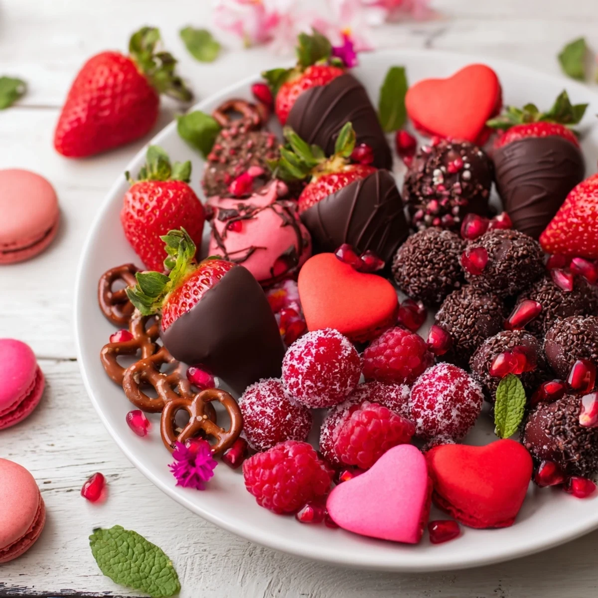 A close-up of a Sweetheart Valentine's Day Board glistening with fresh fruit and decadent desserts.