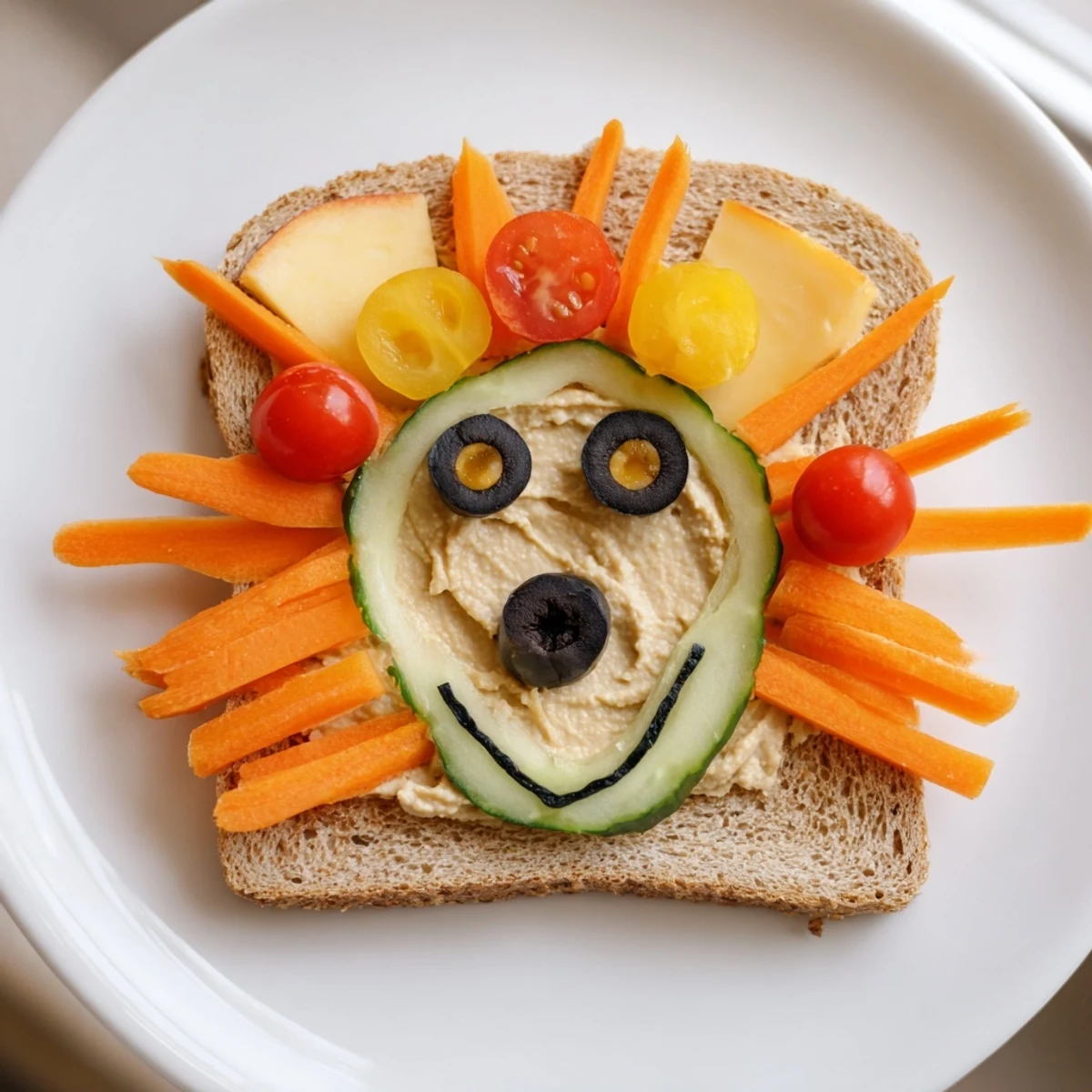A King of the Jungle Lion Lunch Board with a happy face made of colorful snacks.