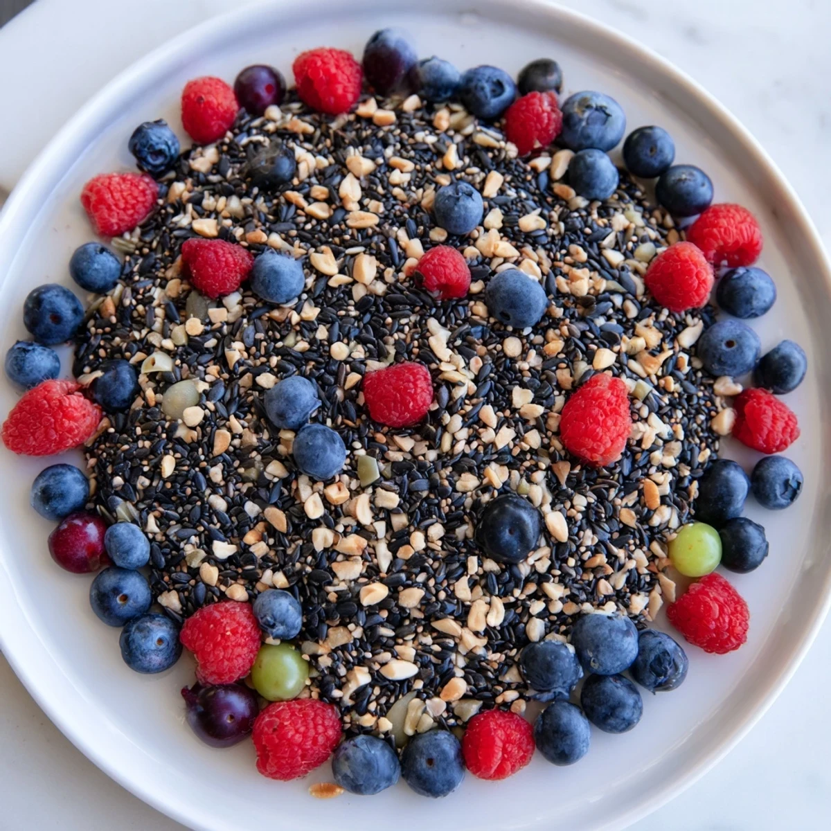 Vibrant Singing Bird Seed & Berry Platter, a colorful feast, offering seeds, nuts, and fresh berries to attract songbirds.