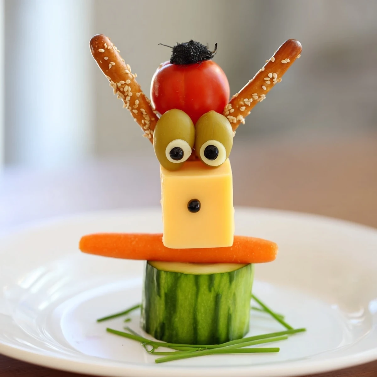 Long-Necked Giraffe Snack Towers with colorful vegetables, cheese, and pretzel necks, ready to eat.
