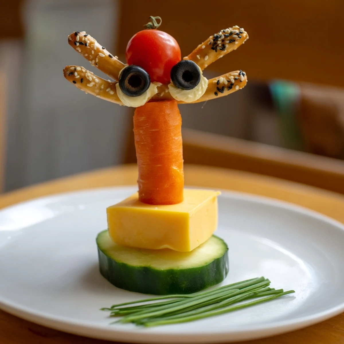 Vibrant Long-Necked Giraffe Snack Towers featuring cheese cubes and pretzel rods, perfect for parties.