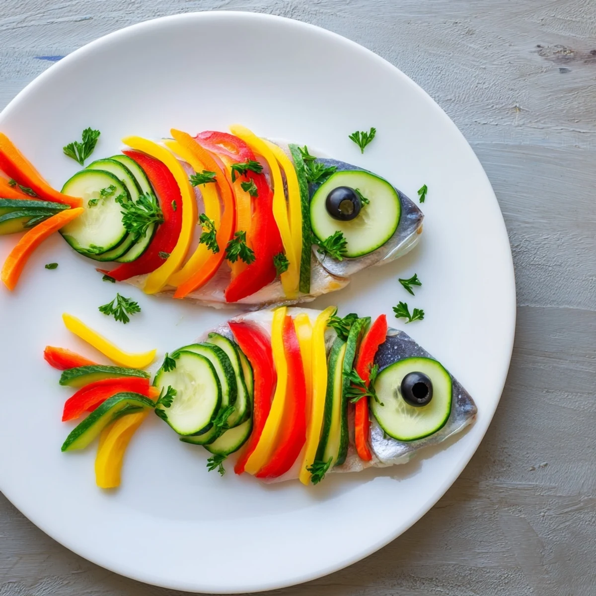 Light Fish-Shaped Meal, colorful vegetables arranged over tender baked white fish fillets, ready to savor.