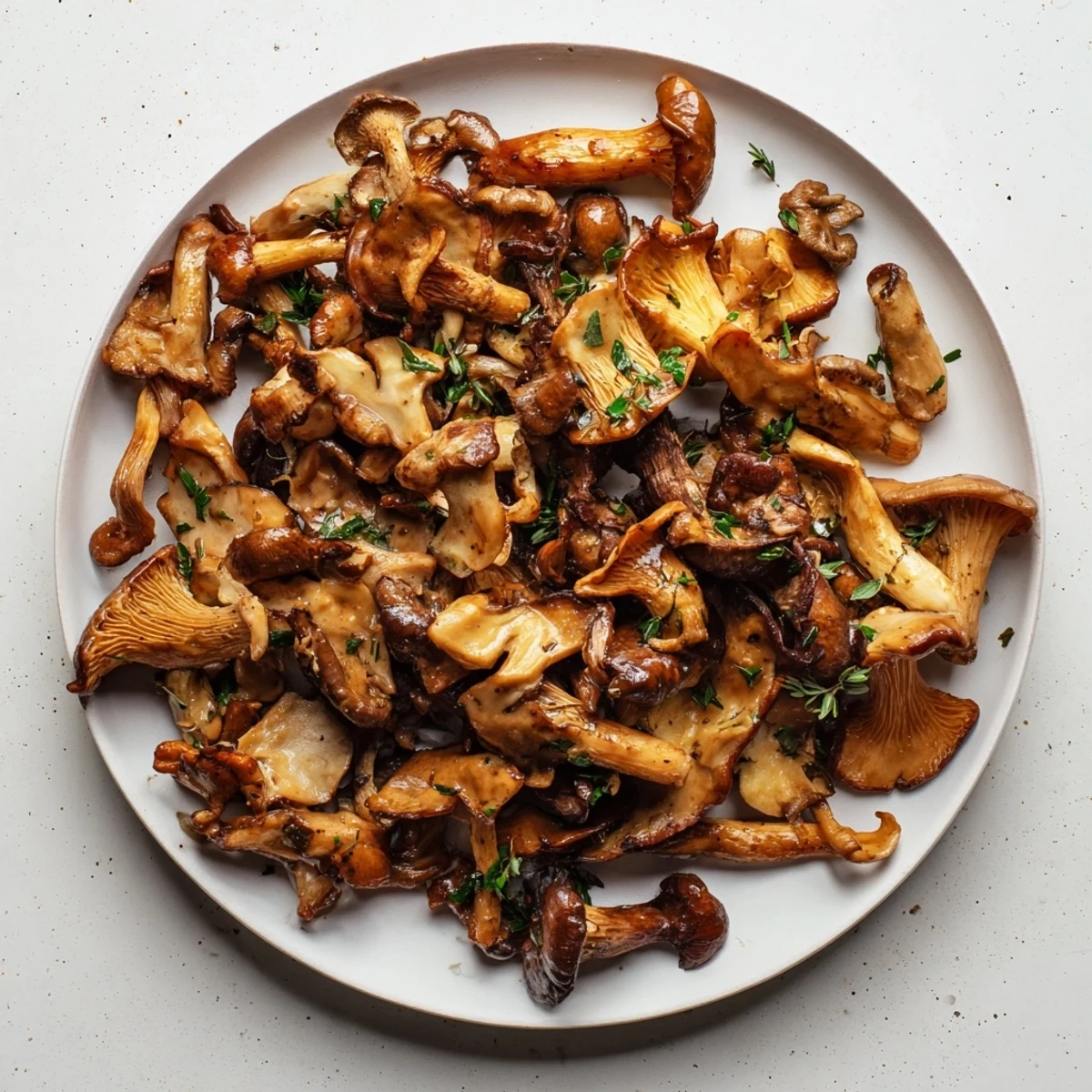 A skillet of warm, aromatic Enchanted Forest Mushrooms with a splash of white wine, garnished beautifully.