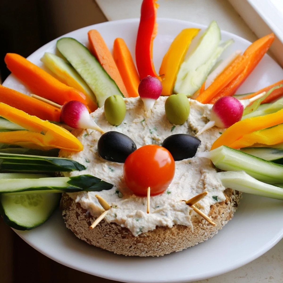 Artfully arranged Autumn Hedgehog Dip Platter, offering a festive array of dips with fresh veggie "spines."
