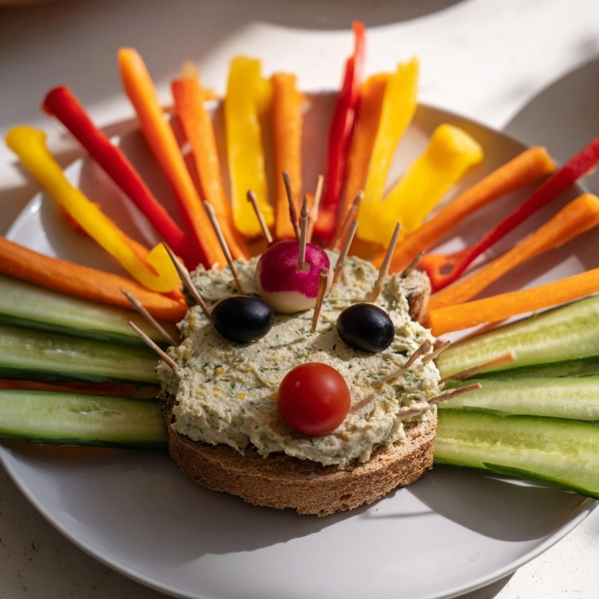 Enjoy this delicious Autumn Hedgehog Dip Platter featuring hummus, veggies, and an adorable bread base.