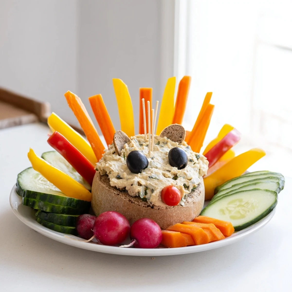This vibrant Autumn Hedgehog Dip Platter features a playful design perfect for fall appetizer spreads.