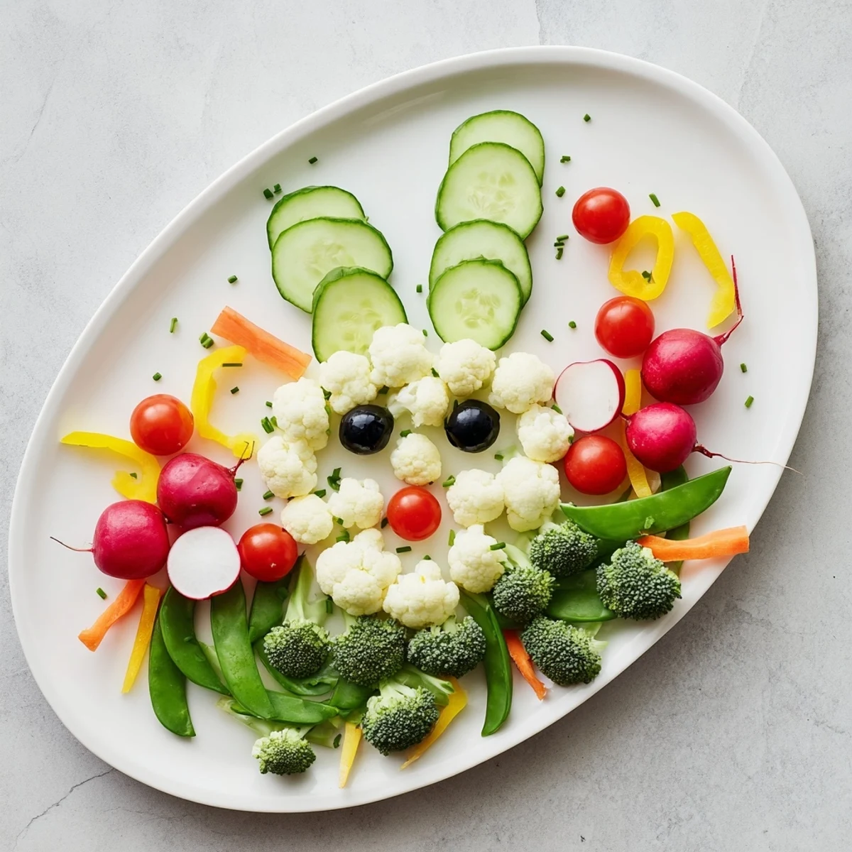 Festive Easter Bunny Spring Platter overflowing with colorful fresh vegetables, dips, and crackers.