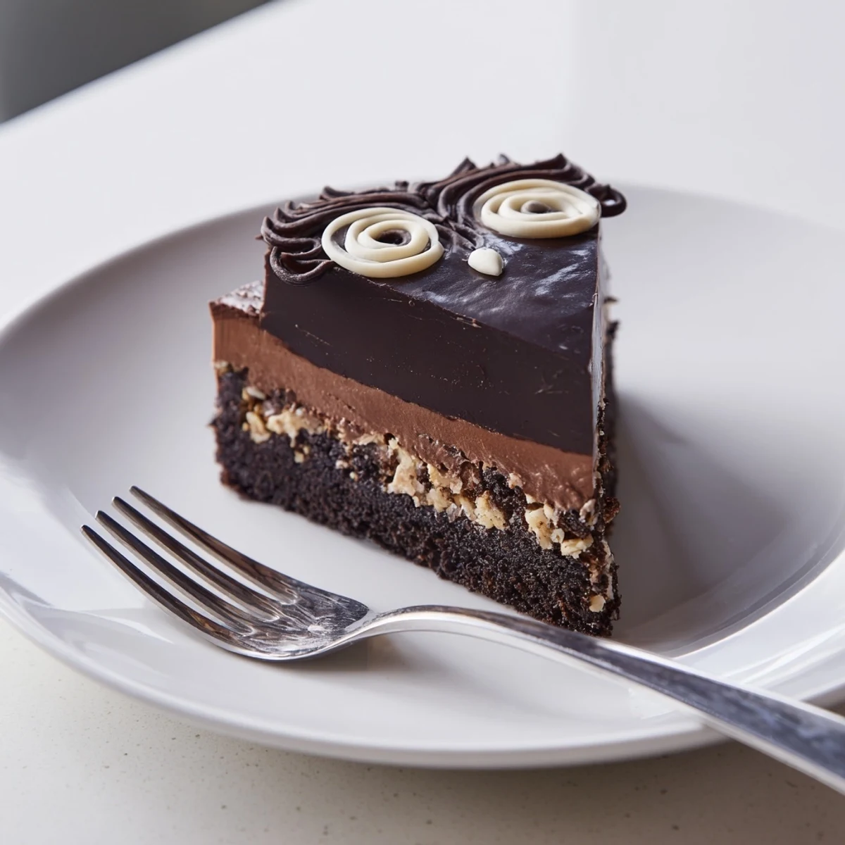 Elegant Plaisirs Sucrés Hibou de la Nuit entremets, a French chocolate hazelnut dessert with a glossy glaze.
