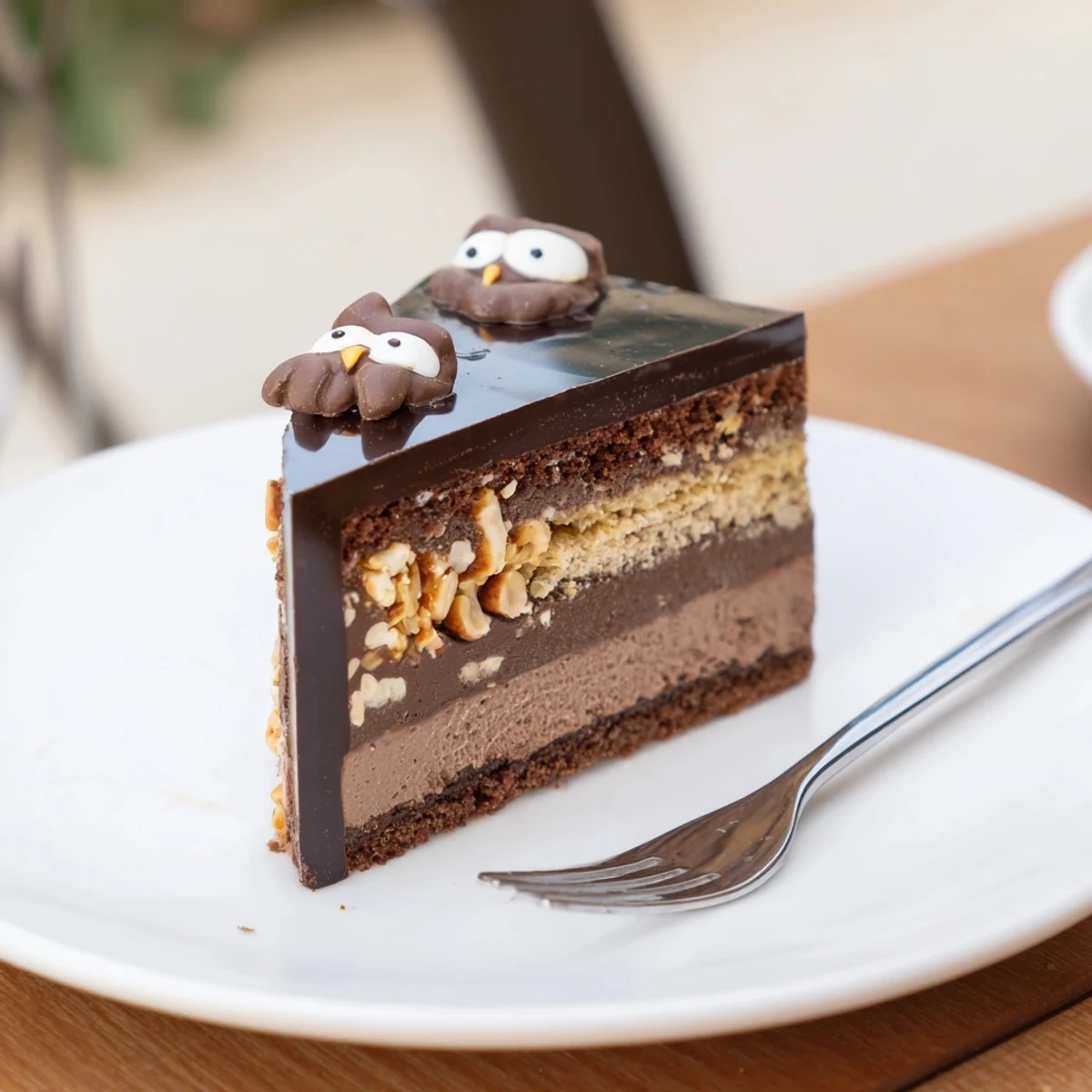 Visual of a slice of the stunning Plaisirs Sucrés Hibou de la Nuit showing the layered textures within.