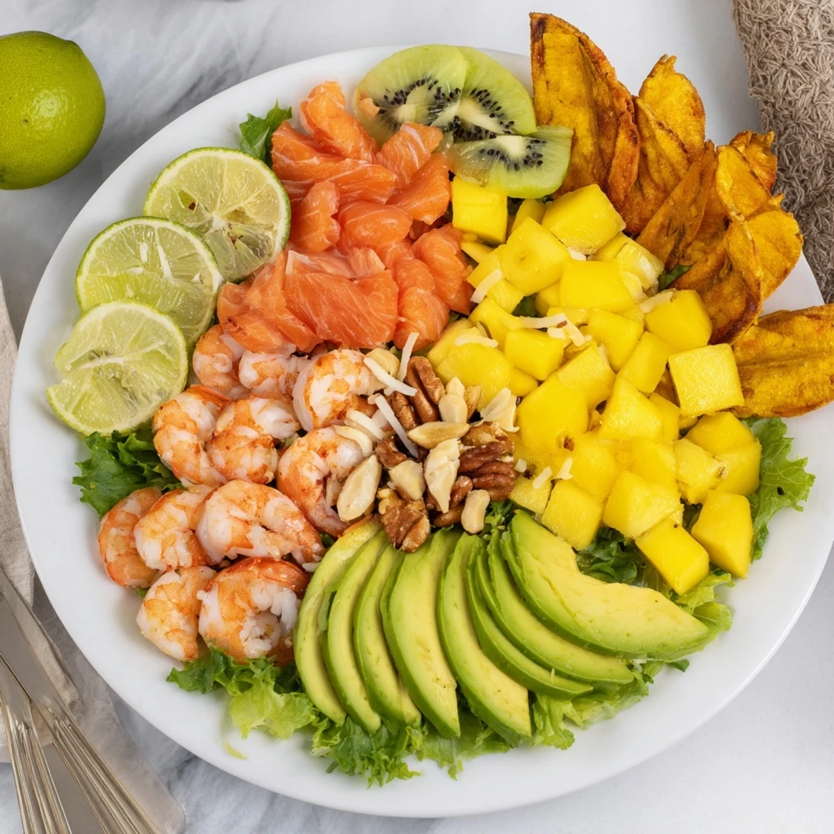 Tropical Wave Tasting Platter with vibrant fruits and shrimp ready to be enjoyed with flavorful dipping sauces.