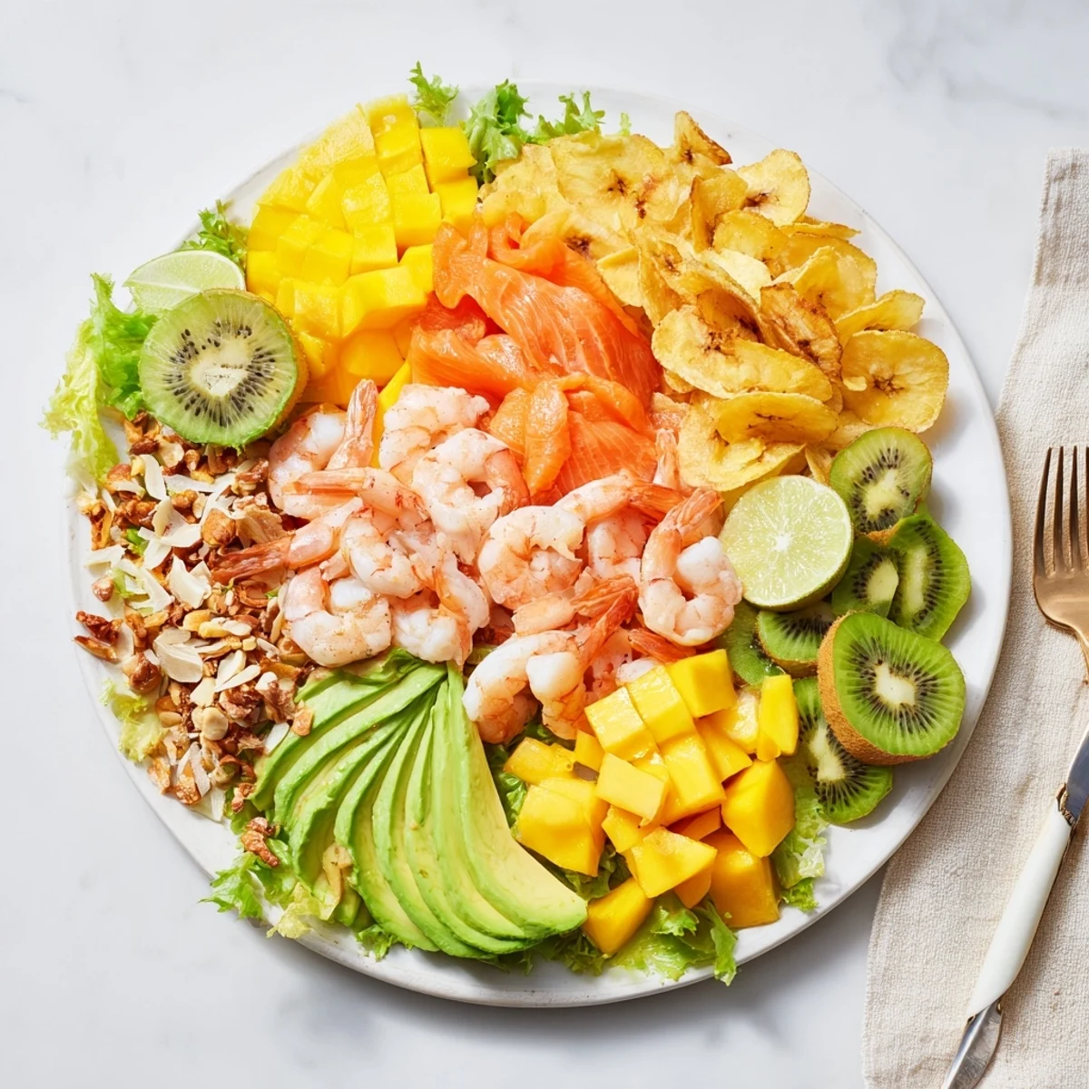 This colorful Tropical Wave Tasting Platter showcases diced mango, creamy avocado, and toasted coconut flakes presented exquisitely.